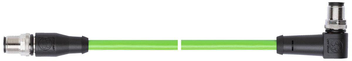 Ein grünes Verbindungskabel mit gerader und gewinkelter Steckverbindung, beide in schwarzem Gehäuse, auf weißem Hintergrund.