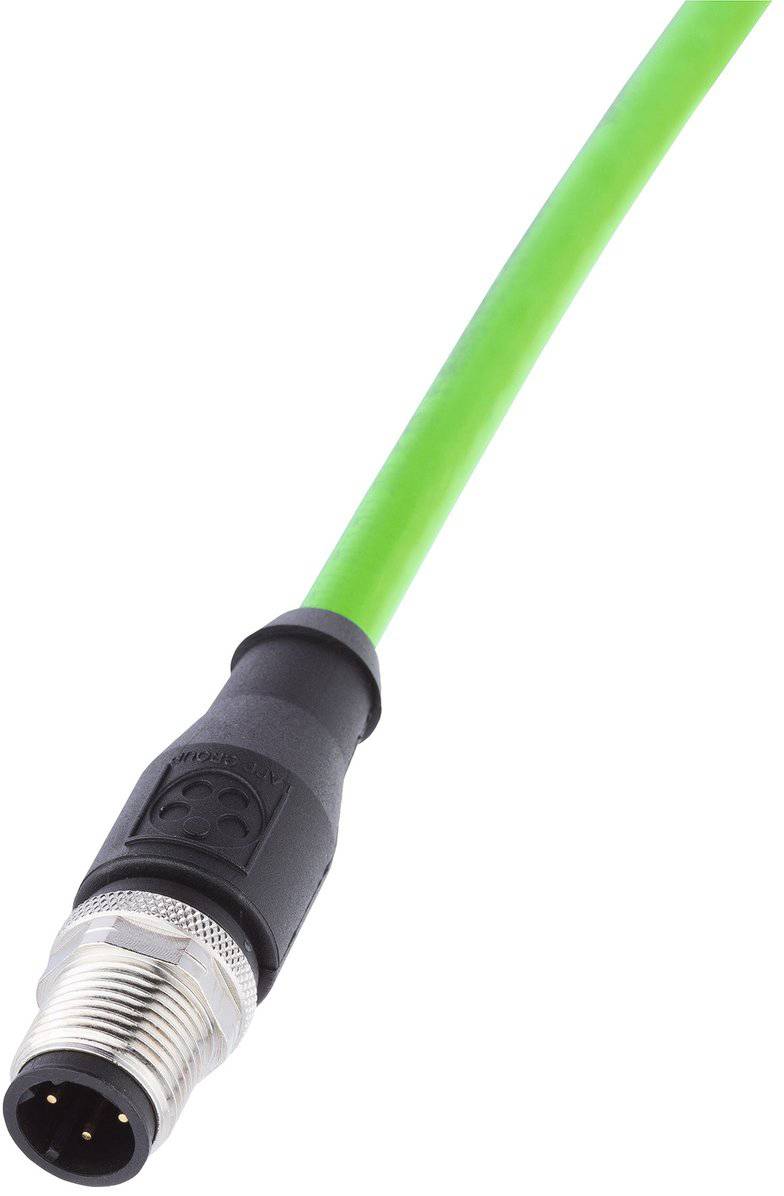 Ein grünes Kabel mit einem schwarzen und silbernen Rundstecker. Der Stecker hat mehrere Pins und ist für industrielle Anwendungen geeignet.