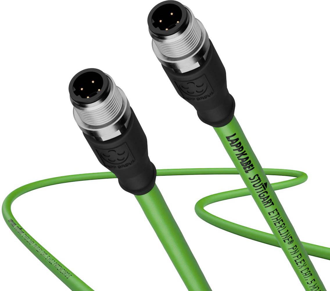 Zwei grüne Ethernet-Kabel mit Metallsteckern, eines zeigt Stuttgarter Herkunft und Bezeichnung 'Etherline'.