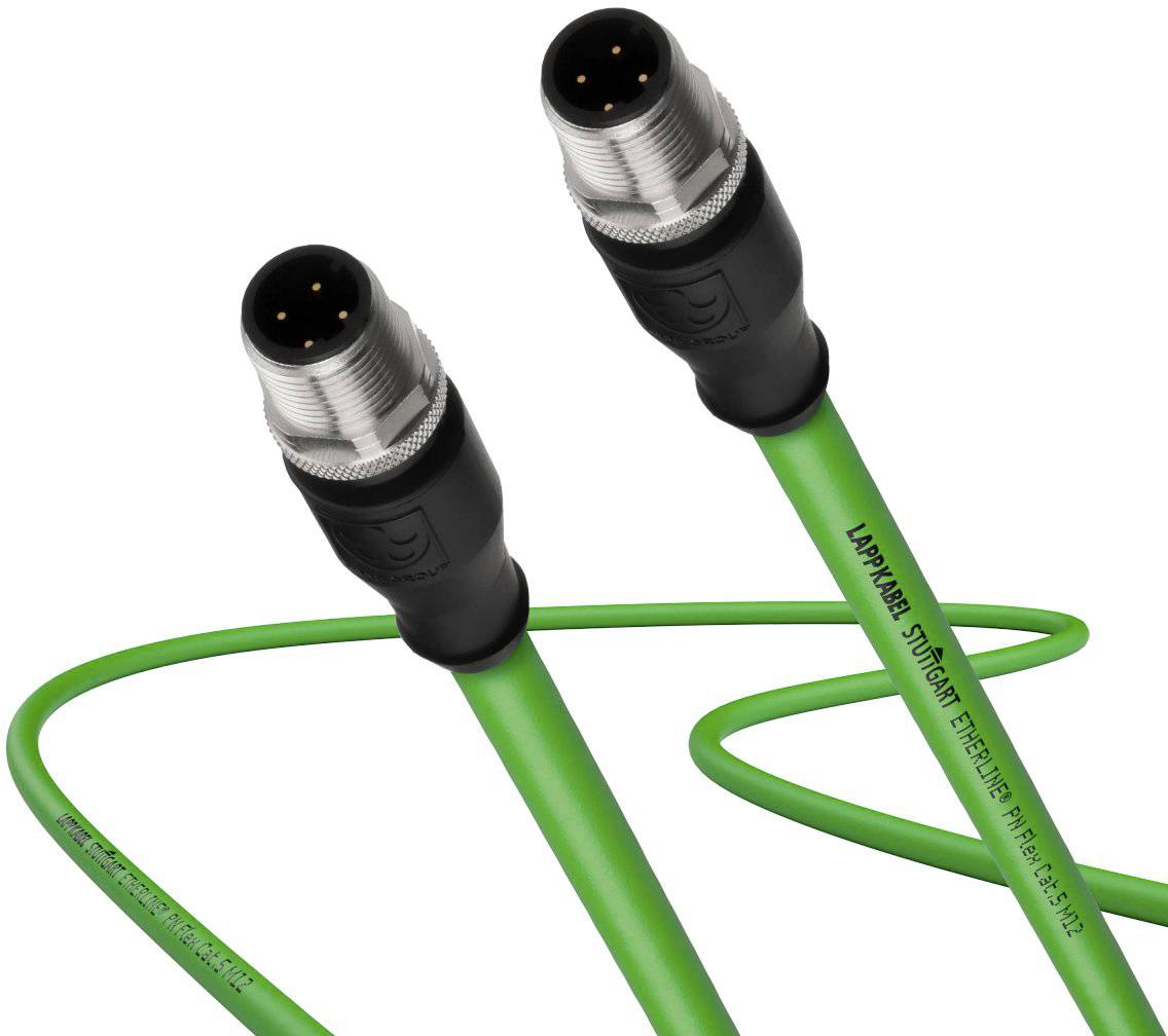 Zwei grüne, industriell genutzte Kabel mit runden, schwarzen Steckern an den Enden, geeignet für industrielle Verbindungen.