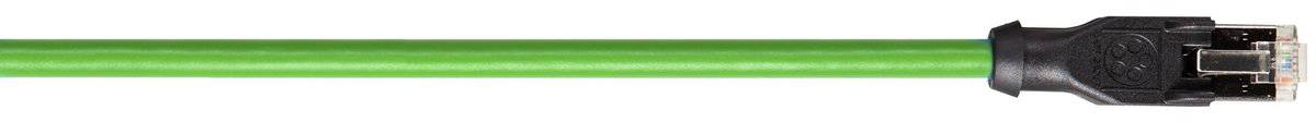 Grünes Ethernet-Kabel mit schwarzem Stecker rechts; geeignet für Netzwerkverbindungen.