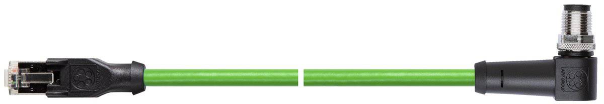 Industrielles Ethernet-Kabel: schwarzer RJ45-Stecker links, schwarzer zylindrischer Stecker rechts, dazwischen grünes Kabel.