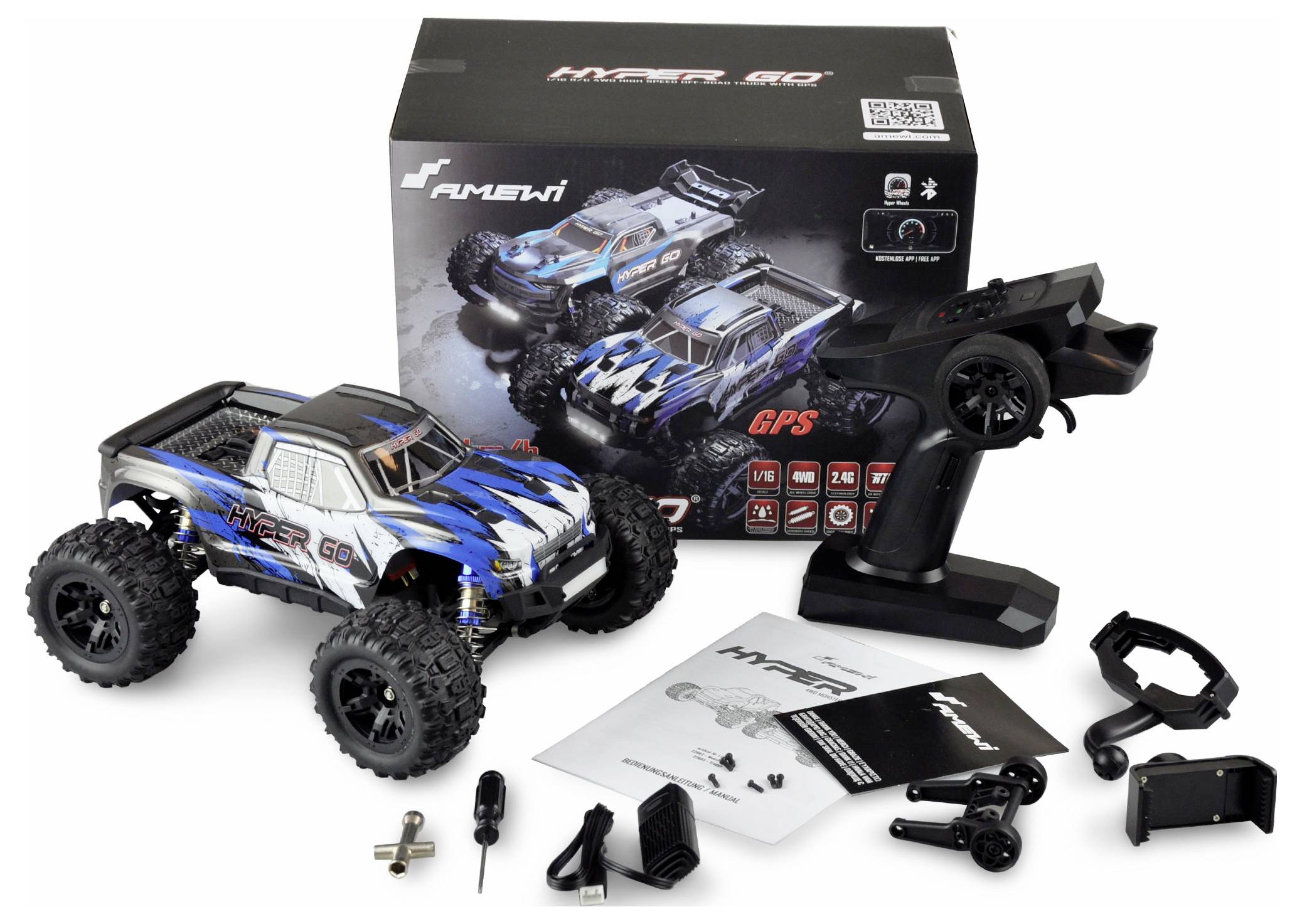 Ein ferngesteuertes Auto mit Zubehör, Controller und Verpackung. Auf der Verpackung steht 'HIGER GO'. Enthält Bedienungsanleitung und Werkzeuge.