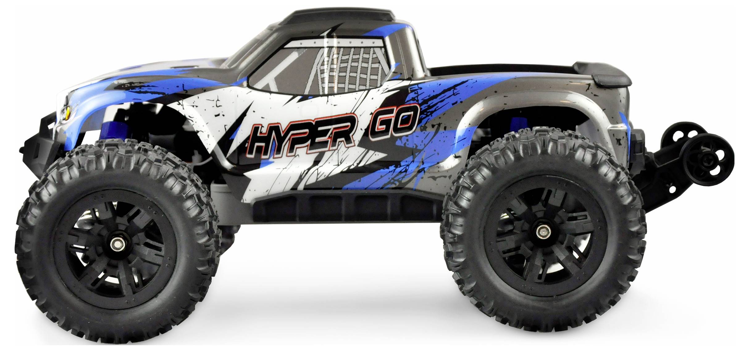 Ein blauer ferngesteuerter Geländewagen mit der Aufschrift 'HYPER GO' an der Seite auf weißem Hintergrund.