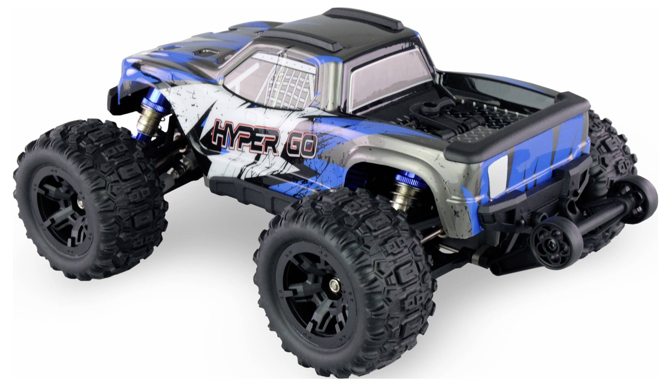 Blaues und schwarzes ferngesteuertes Auto mit großen Geländereifen und der Aufschrift 'HYPER GO' an der Seite.