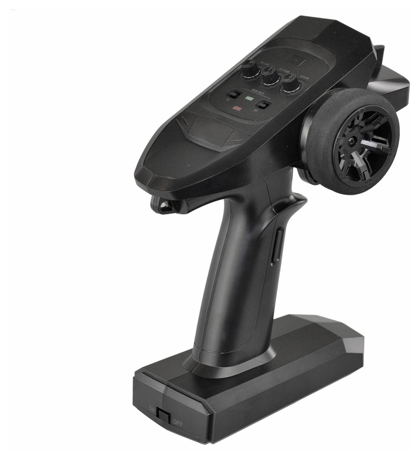 Fernbedienung für Modellauto, schwarz, mit Lenkrad und mehreren Tasten auf der Oberseite.