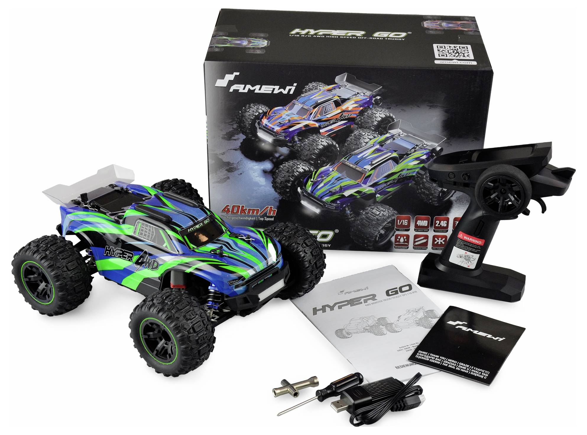 Amewi Hyper GO Basic Blau, Grün Brushed 1:16 RC Modellauto Elektro Truggy Allradantrieb (4WD) RtR 2,4GHz