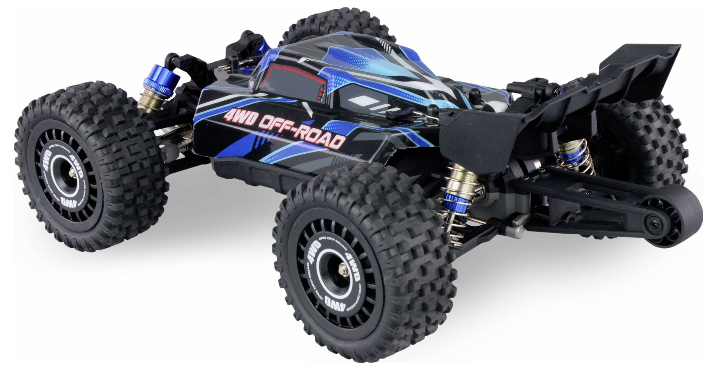 Ferngesteuertes Auto mit robusten Geländereifen und '4WD OFF-ROAD'-Aufschrift, geeignet für Fahrten im Gelände.