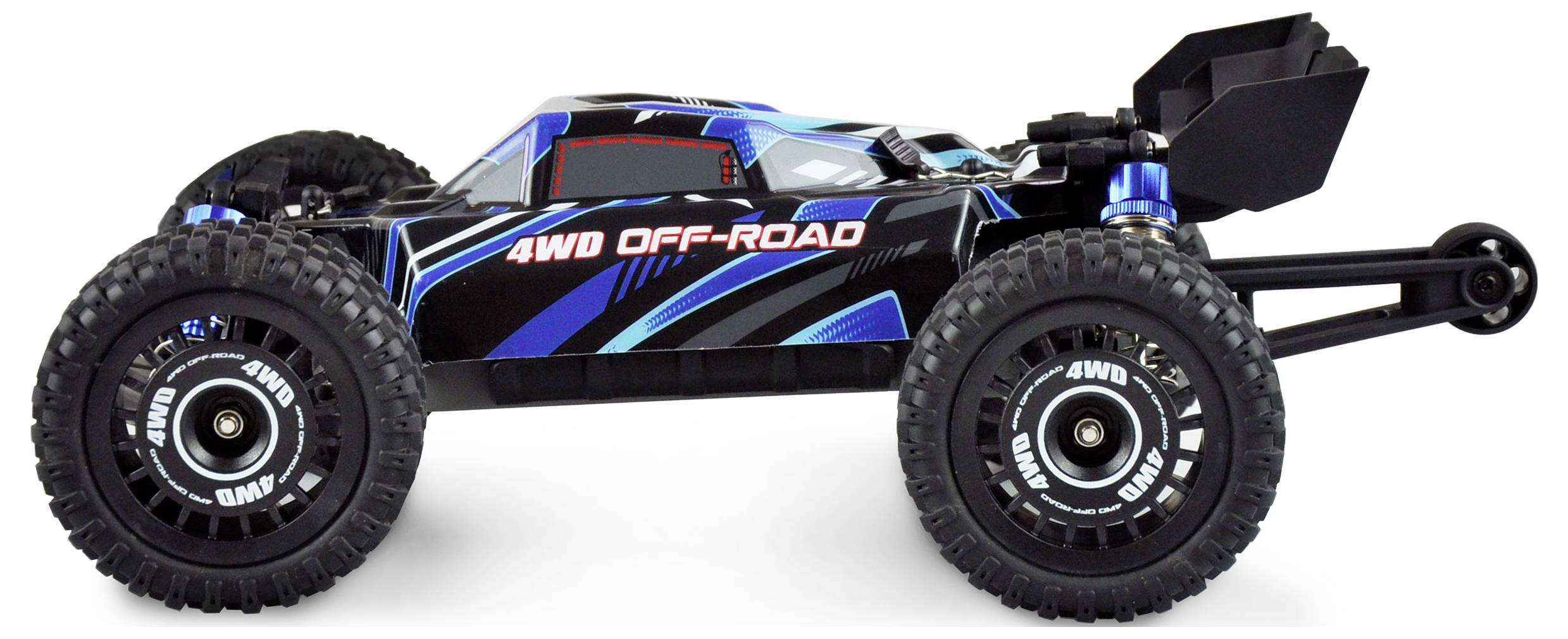 Spielzeugauto im Gelände-Stil mit großer Bereifung und der Aufschrift '4WD OFF-ROAD' auf der Karosserie, Seitenansicht.