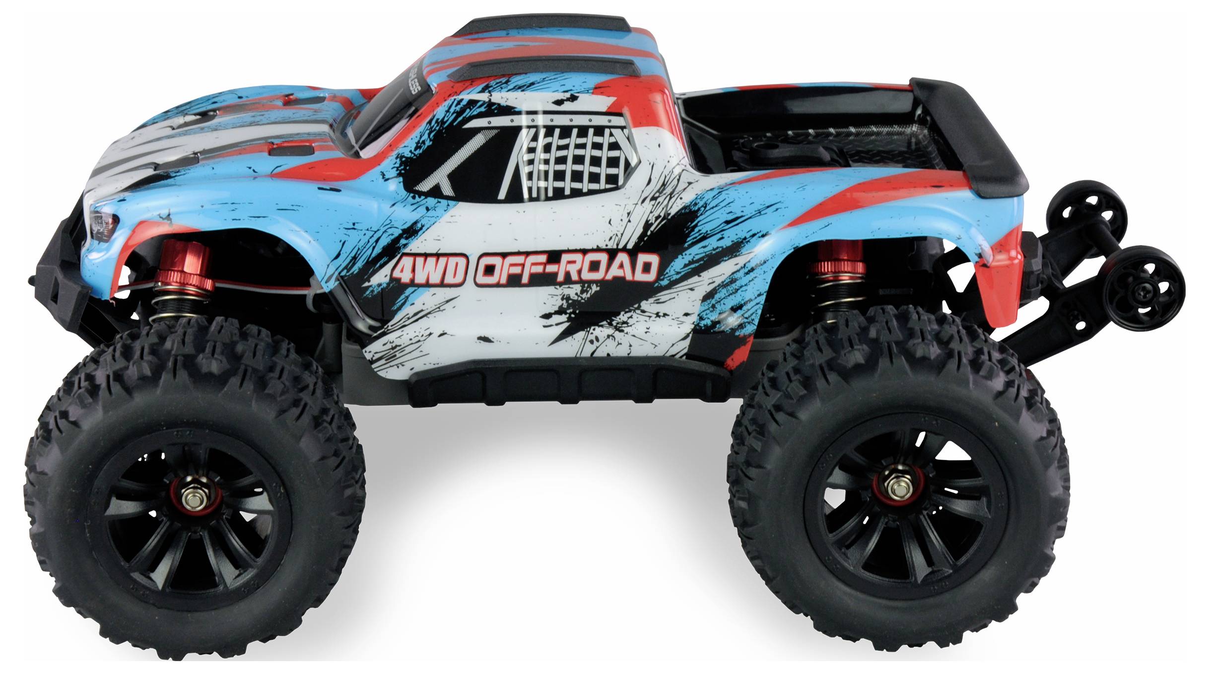 Ferngesteuertes Offroad-Spielzeugauto in Blau und Rot mit großer Bereifung und Aufschrift '4WD OFF-ROAD' auf der Seite.