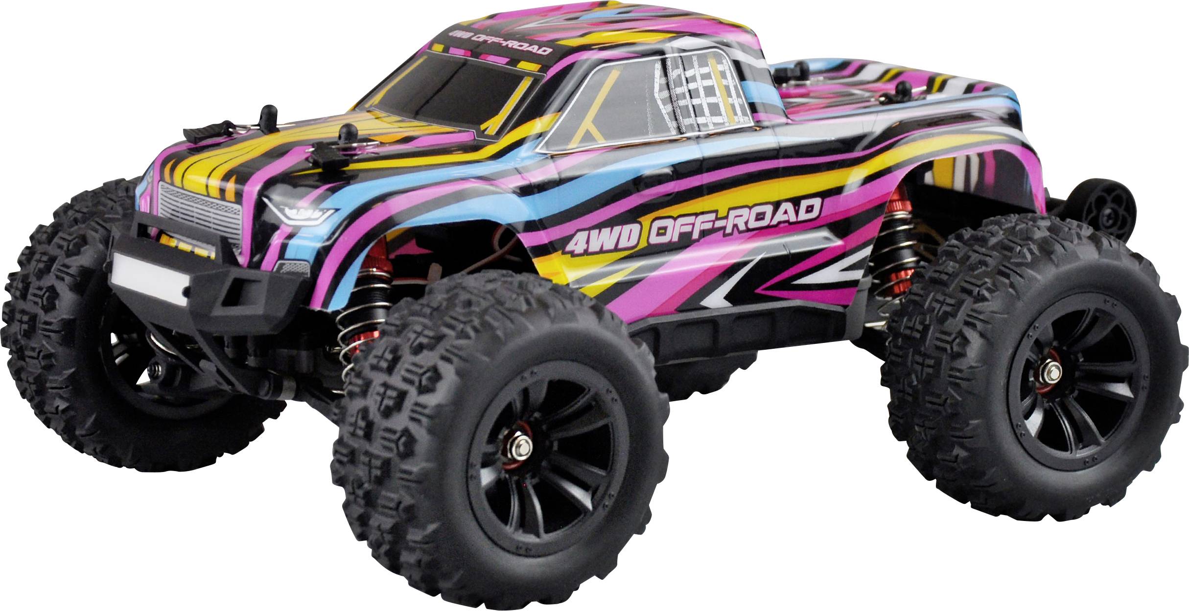 Ein ferngesteuertes Auto mit buntem, gestreiftem Design und der Aufschrift '4WD OFF-ROAD'; große geländetaugliche Räder.