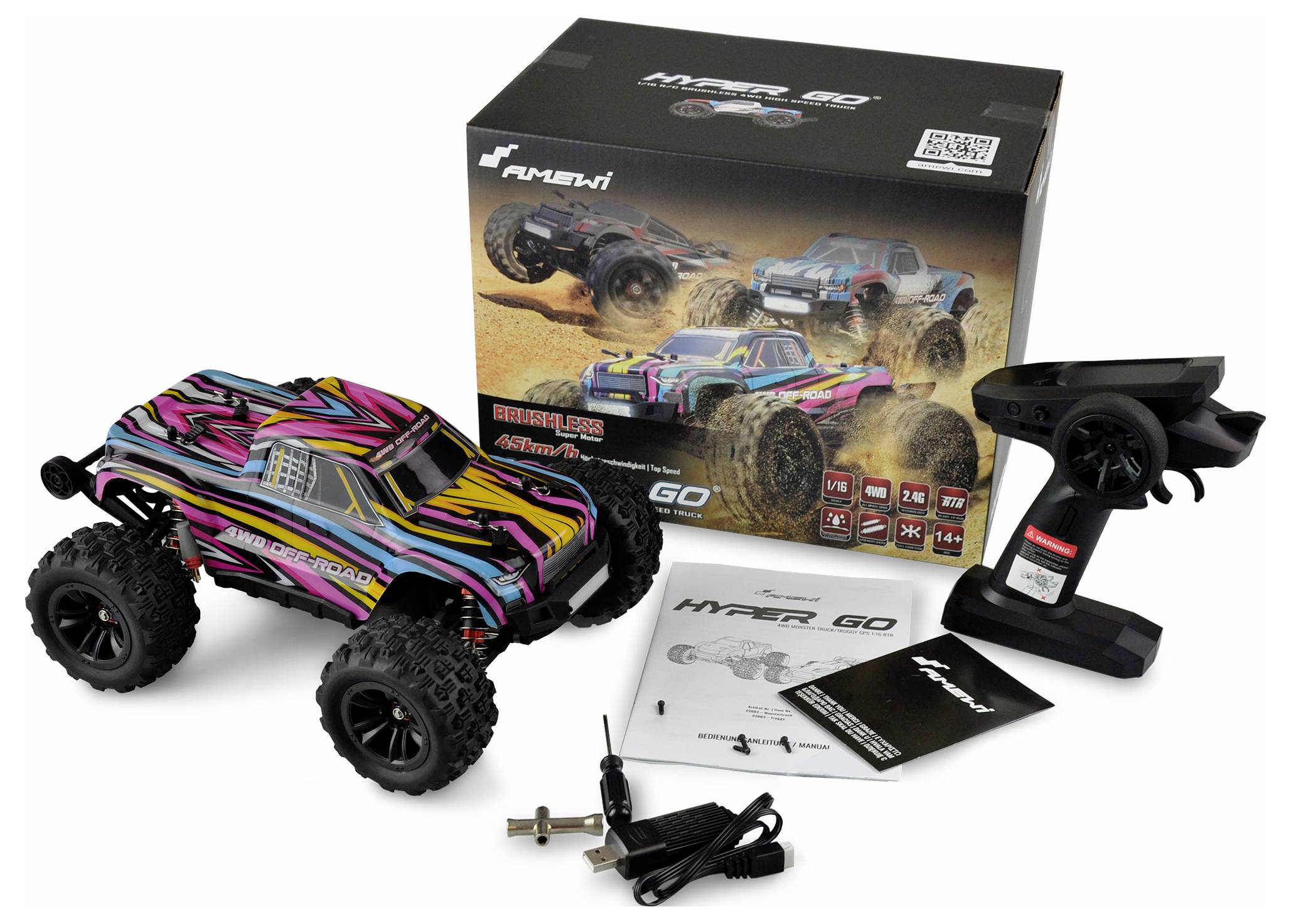 Ein buntes ferngesteuertes Auto mit Zubehör, Fernsteuerung, Handbuch und Verpackung. Geeignet für Nutzer ab 14 Jahren.