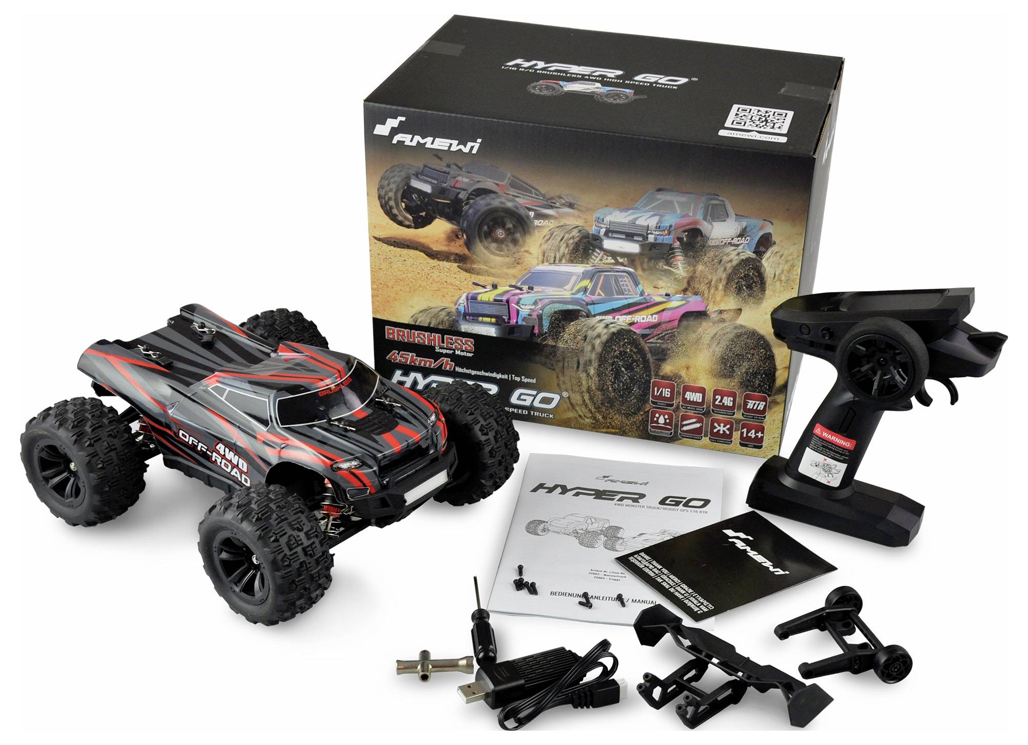 Ferngesteuertes Auto mit Zubehör, unter anderem Steuergerät und Anleitung, vor der Originalverpackung abgebildet.