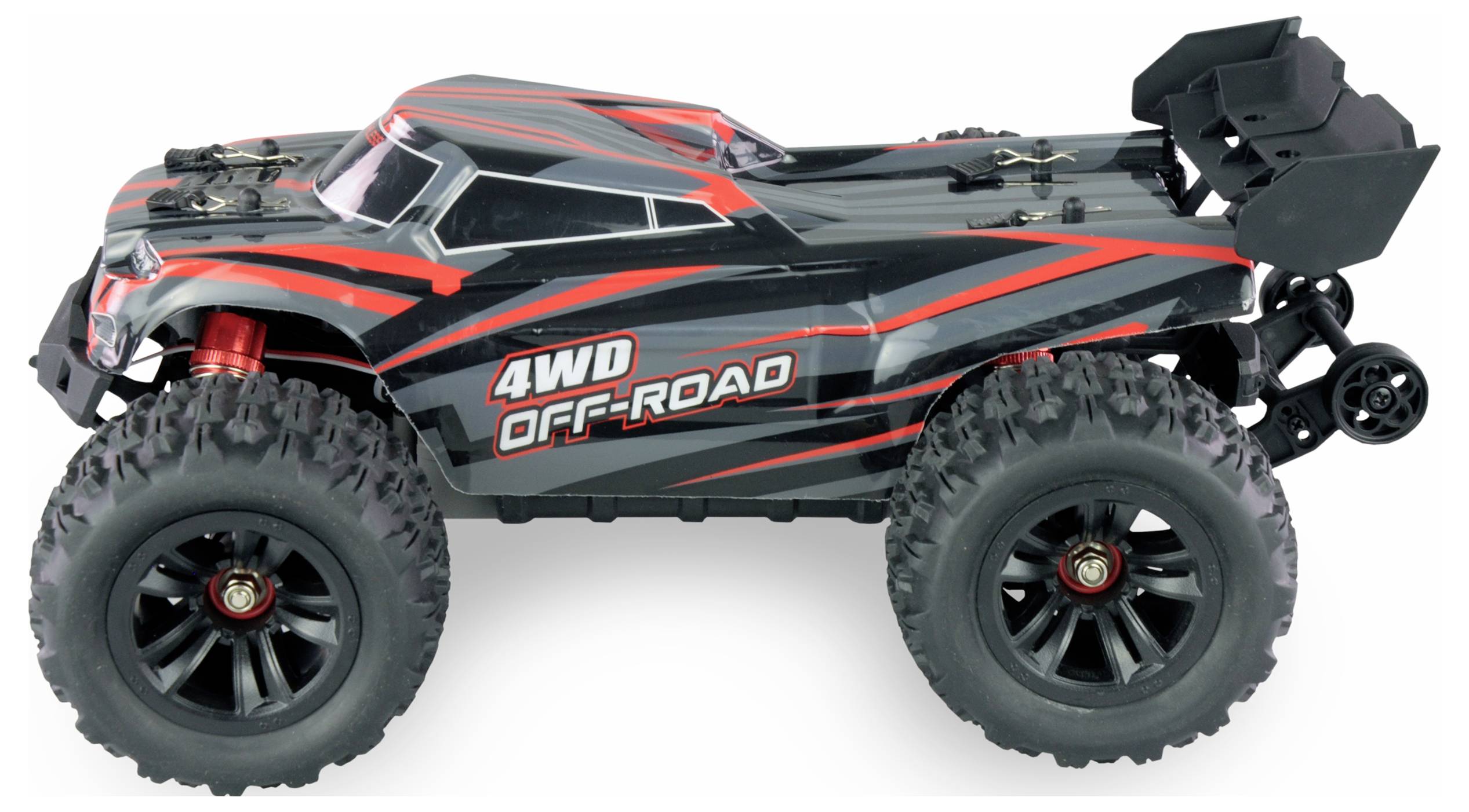 RC-Auto mit 4WD Off-Road-Aufschrift, robustes Design, große Reifen, geeignet für unwegsames Gelände.