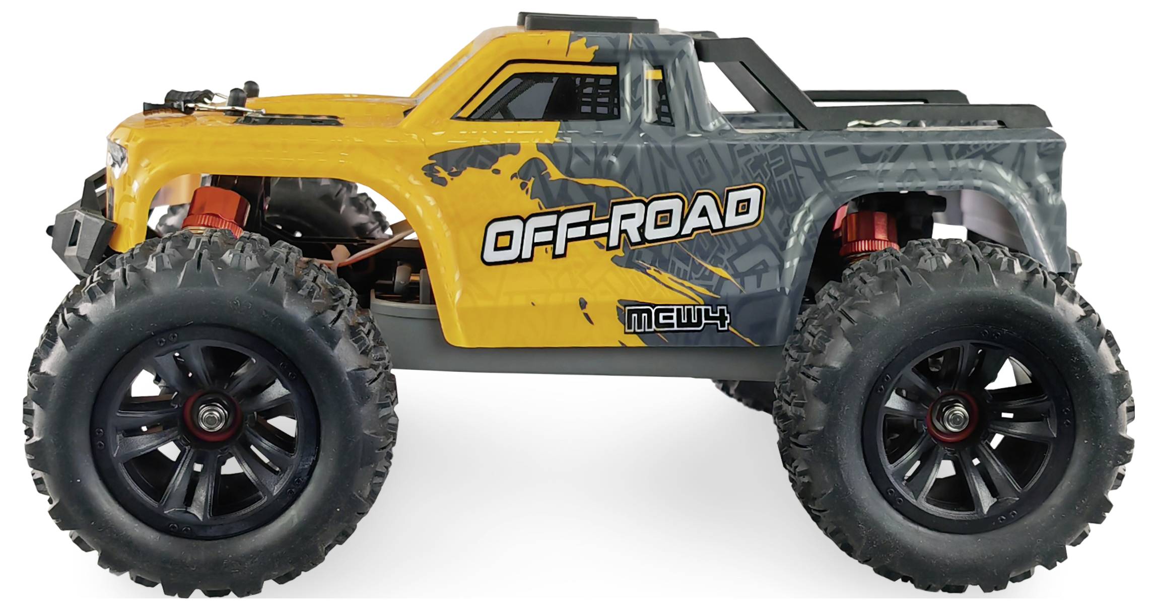 Ein gelber und grauer Offroad-Spielzeug-LKW mit großen Reifen und der Aufschrift 'OFF-ROAD' an der Seite.