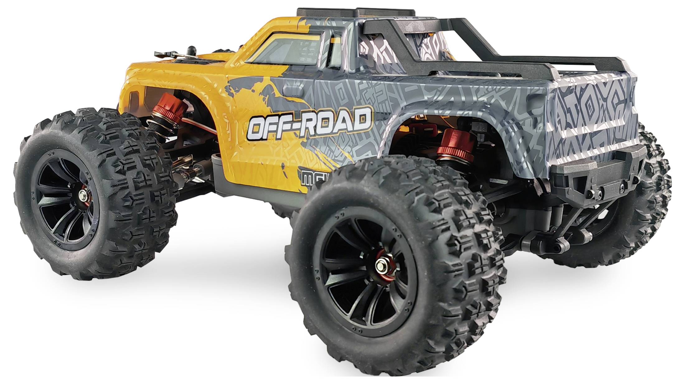 Ein ferngesteuertes Off-Road-Auto in Gelb mit großen, groben Reifen, die für das Fahren auf unebenem Gelände geeignet sind.