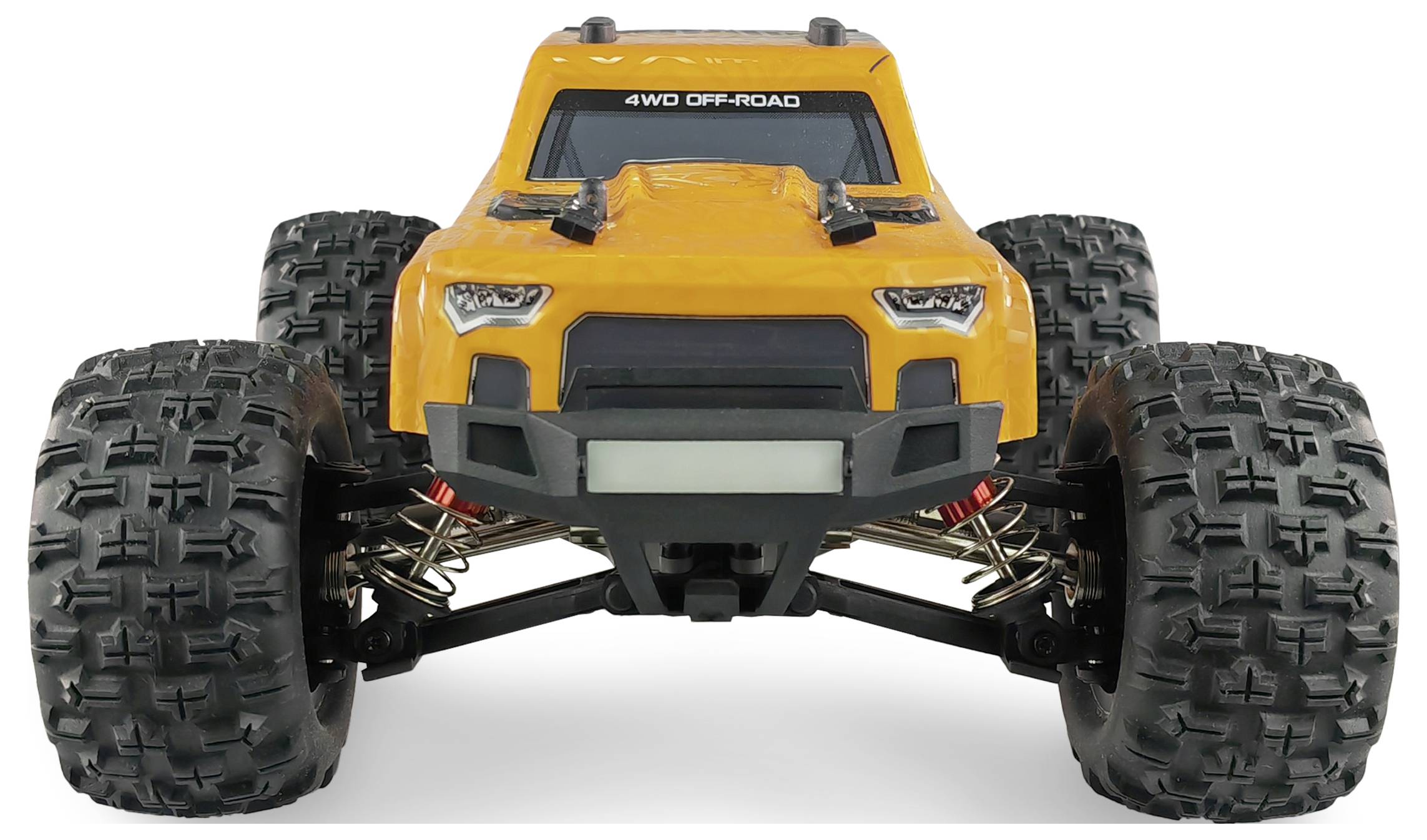 Spielzeugauto in leuchtendem Gelb, in 4WD-Design mit grobstolligen Reifen, frontalansicht.