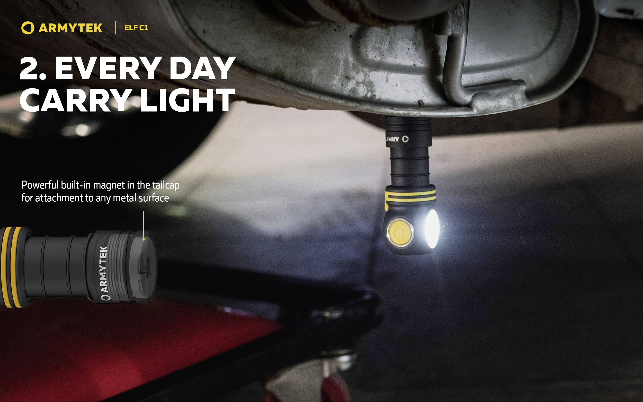 Eine Taschenlampe befestigt mit Magnet an einem Metalluntergrund. Überschrift 'Every Day Carry Light'. Dient als Alltagsleuchte.