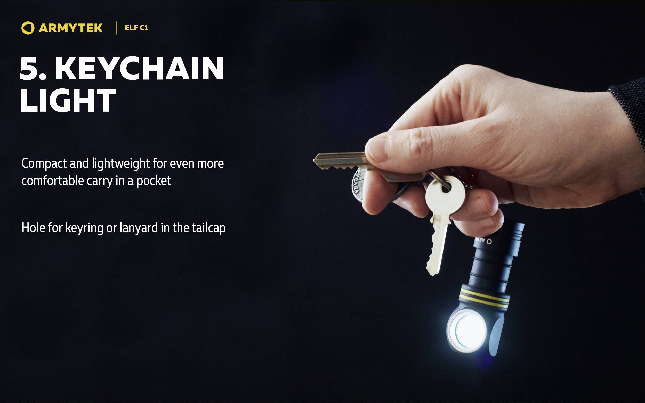 Eine Hand hält einen Schlüsselbund mit einem Schlüsselanhängerlicht. Text besagt: '5. Keychain Light', 'Kompakt und leicht', 'Loch für Schlüsselring'.