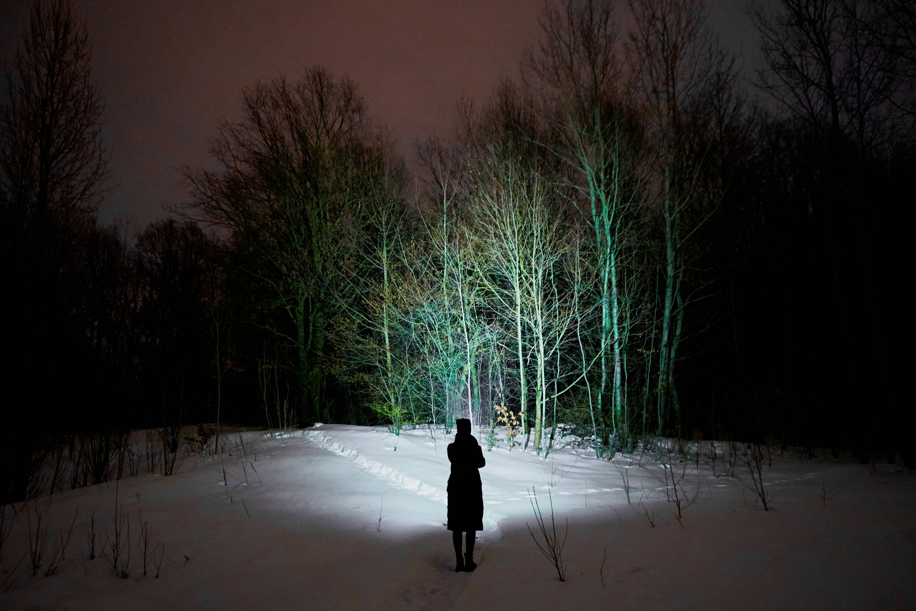 Eine Person steht nachts im Schnee, vor Bäumen, die von einem Scheinwerfer beleuchtet werden. Der Himmel wirkt sanft beleuchtet.