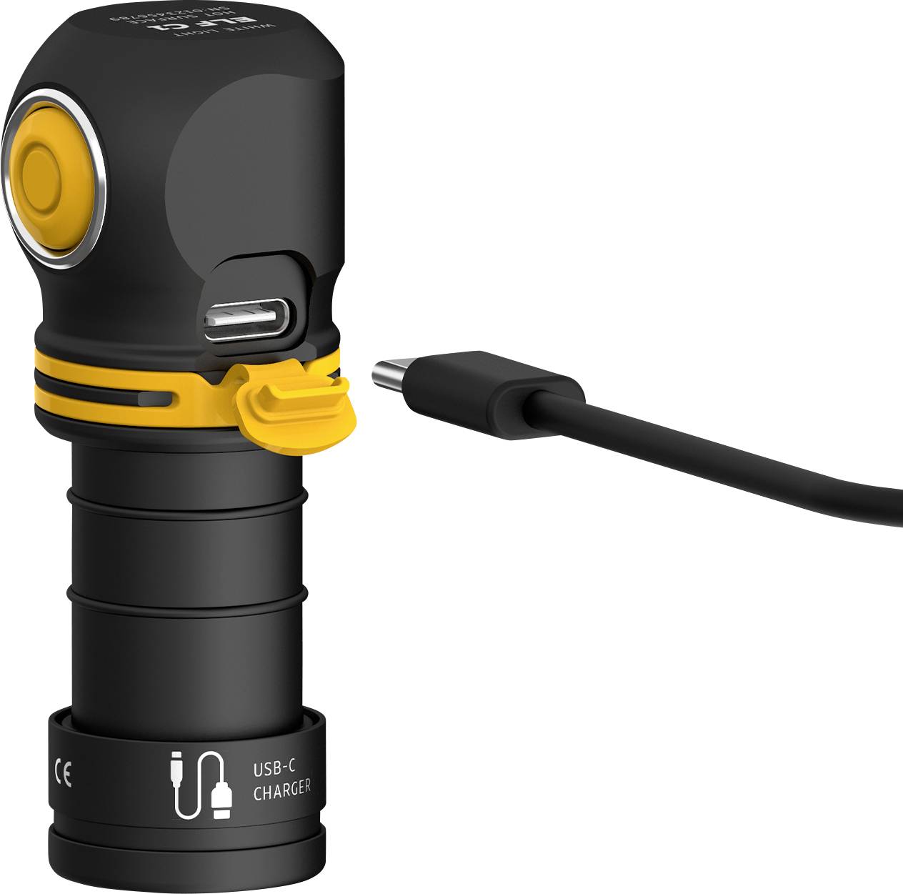 Schwarzes, tragbares Gerät mit USB-C-Ladeanschluss und gelben Akzenten, verbunden über ein Ladekabel.