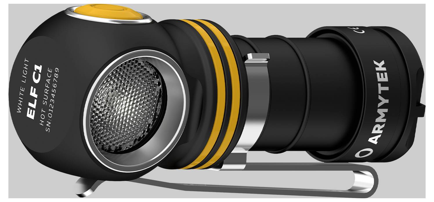 Schwarze, kompakte Taschenlampe 'ARMYTEK ELF C1', mit Clip, geripptem Griff und leuchtend gelbem Akzent an der Linse.