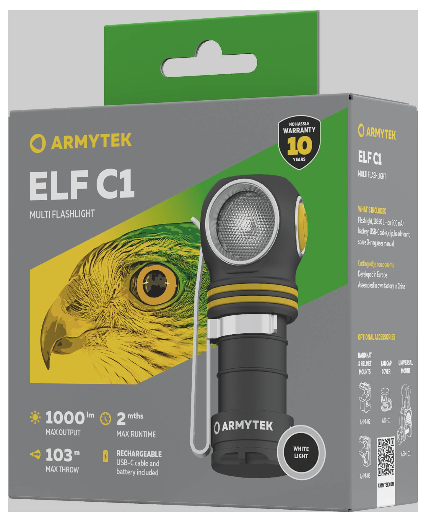 Verpackung der Armytek Elf C1 Taschenlampe mit 1000 Lumen, Reichweite 103 Meter, Laufzeit 2 Stunden, wiederaufladbar, 10 Jahre Garantie.