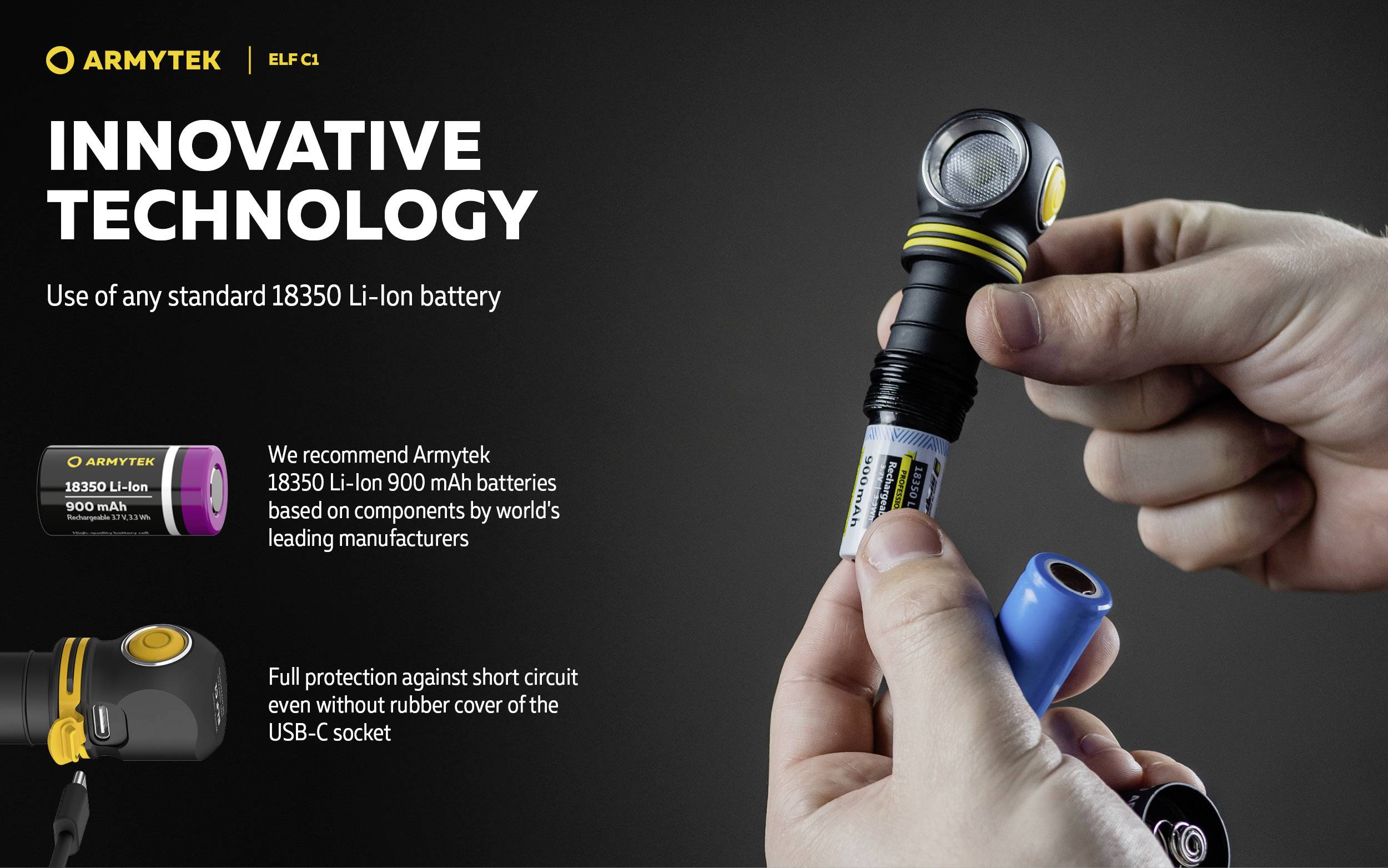 Person hält eine Taschenlampe und eine Batterie in der Hand. Titel: 'Innovative Technology'. Beschreibung der Batterie und Sicherheitsmerkmale. Markenlogo oben links.