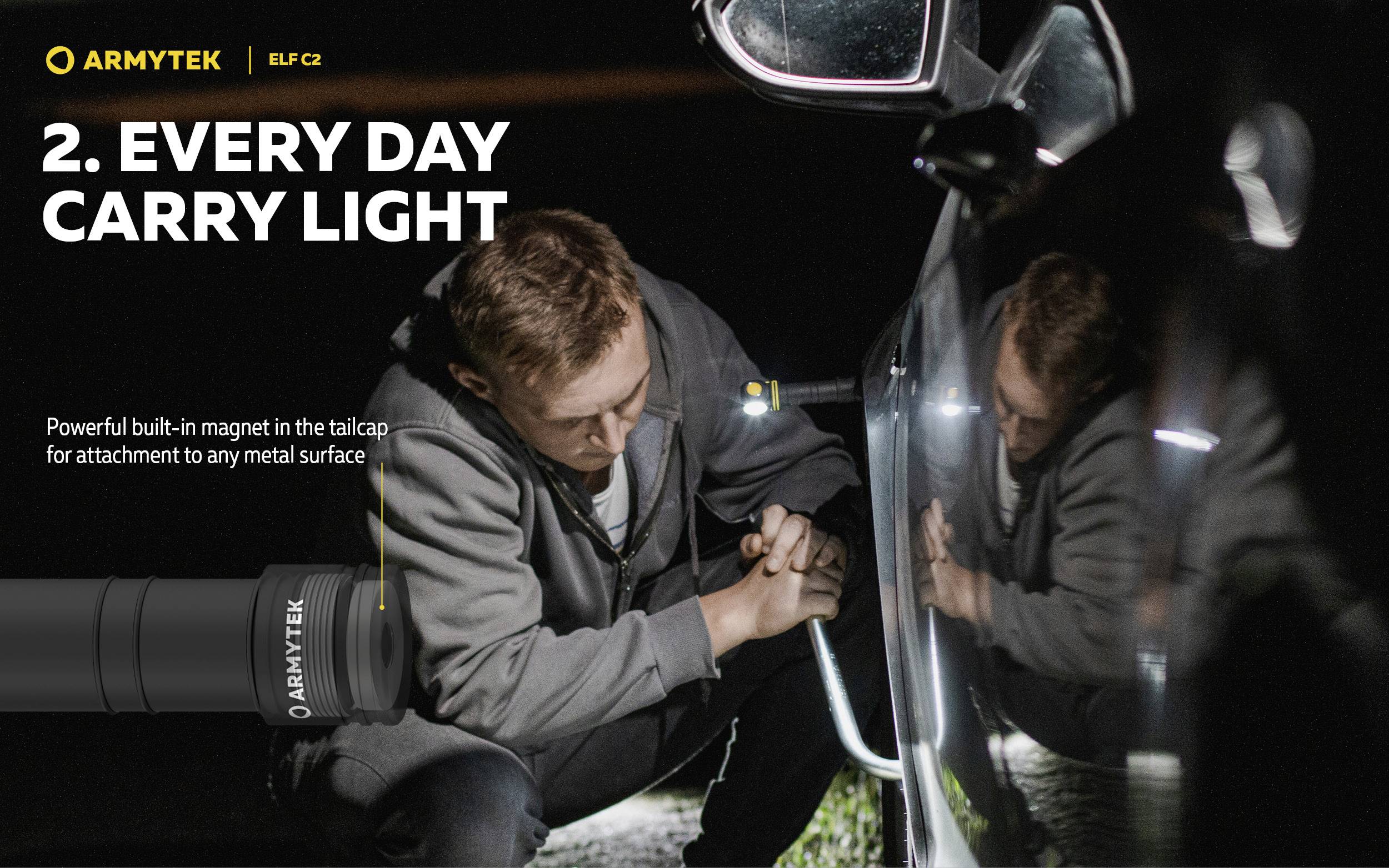 Ein Mann befestigt eine Lampe mit Magneten an einem Auto. Text auf Englisch: '2. Every day carry light. Powerful built-in magnet in the tailcap for attachment to any metal surface.'