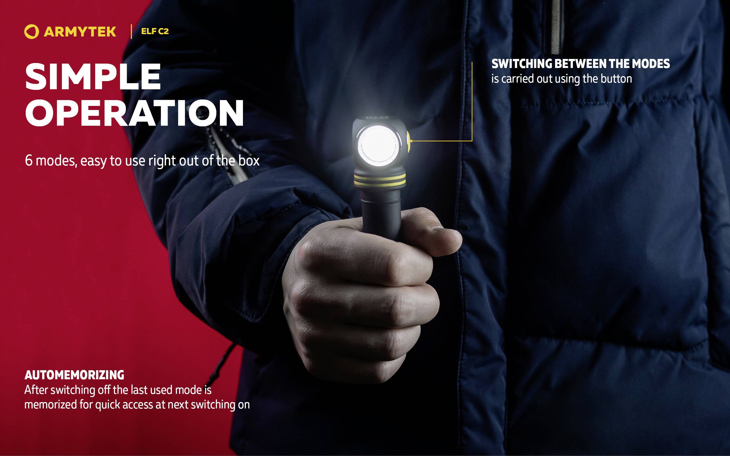 Person hält eine Taschenlampe, zeigt die Funktionen 'Einfache Bedienung' mit 6 Modi. Moduswechsel erfolgt durch Knopfdruck. Automatische Speicherung des letzten Modus.