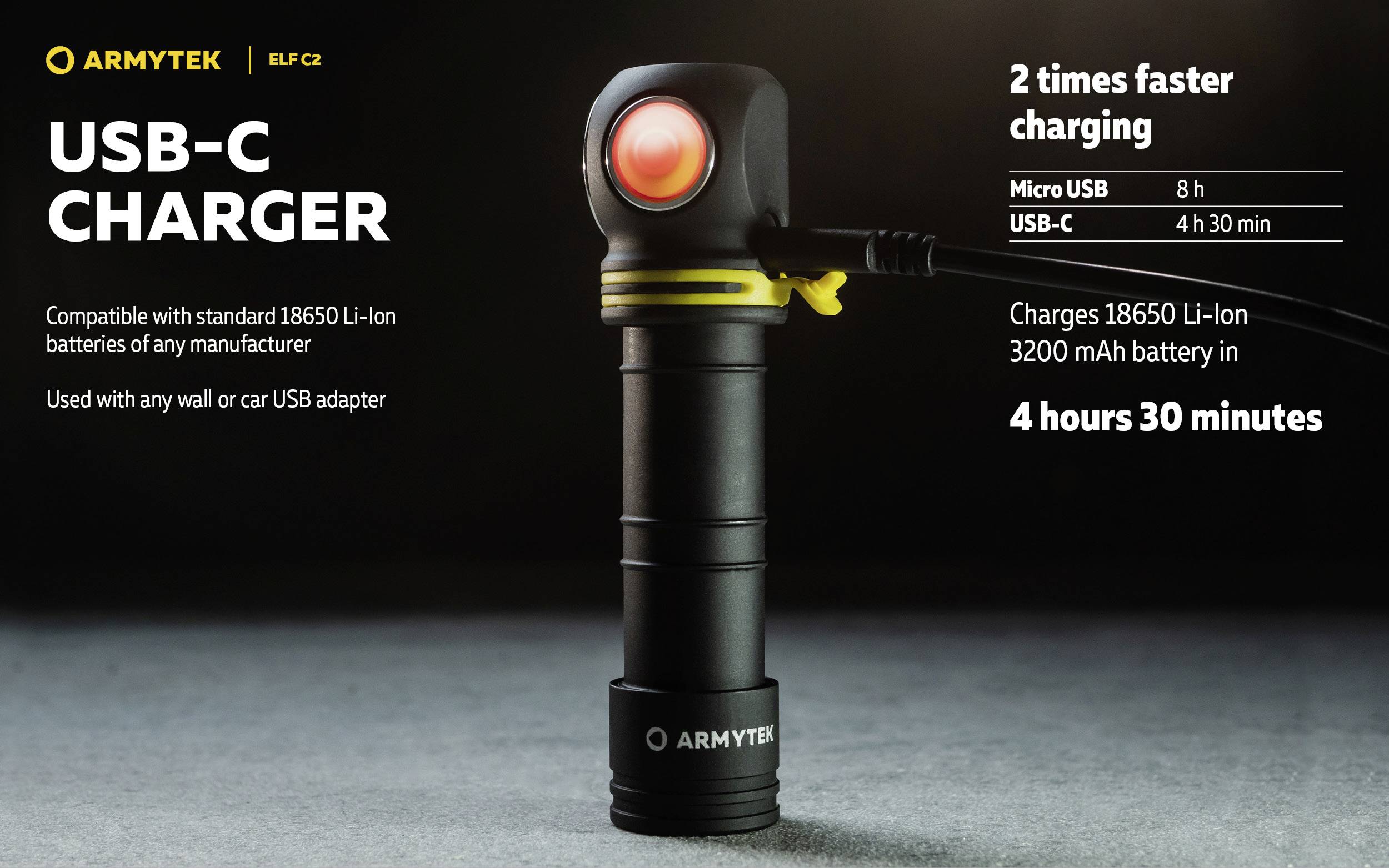 Ein USB-C-Ladegerät von Armytek mit schwarzem Gehäuse und gelbem Detail. Es lädt 18650 Li-Ion-Akkus in 4 Stunden 30 Minuten.