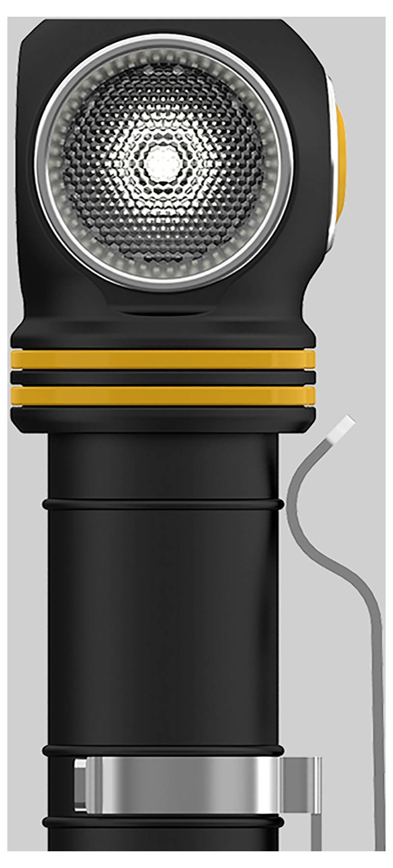 Schwarze und gelbe LED-Taschenlampe mit einem abgewinkelten Kopf, montiert auf einem Rohr, mit sichtbarem Kabel.