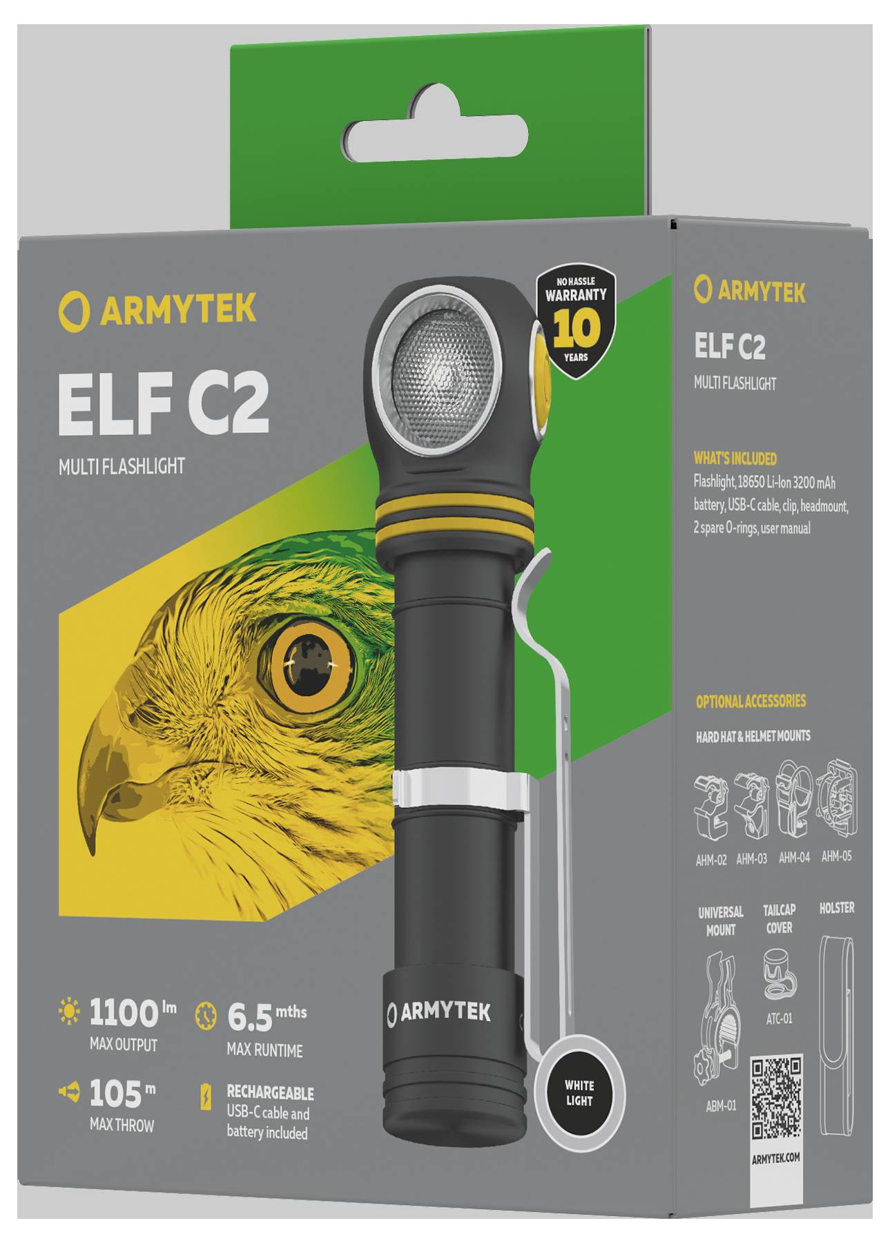 Verpackung der Armytek ELF C2 Taschenlampe. Hauptmerkmale: 1100 lm Helligkeit, 6,5 Std. Laufzeit, 105 m Reichweite, 10 Jahre Garantie.