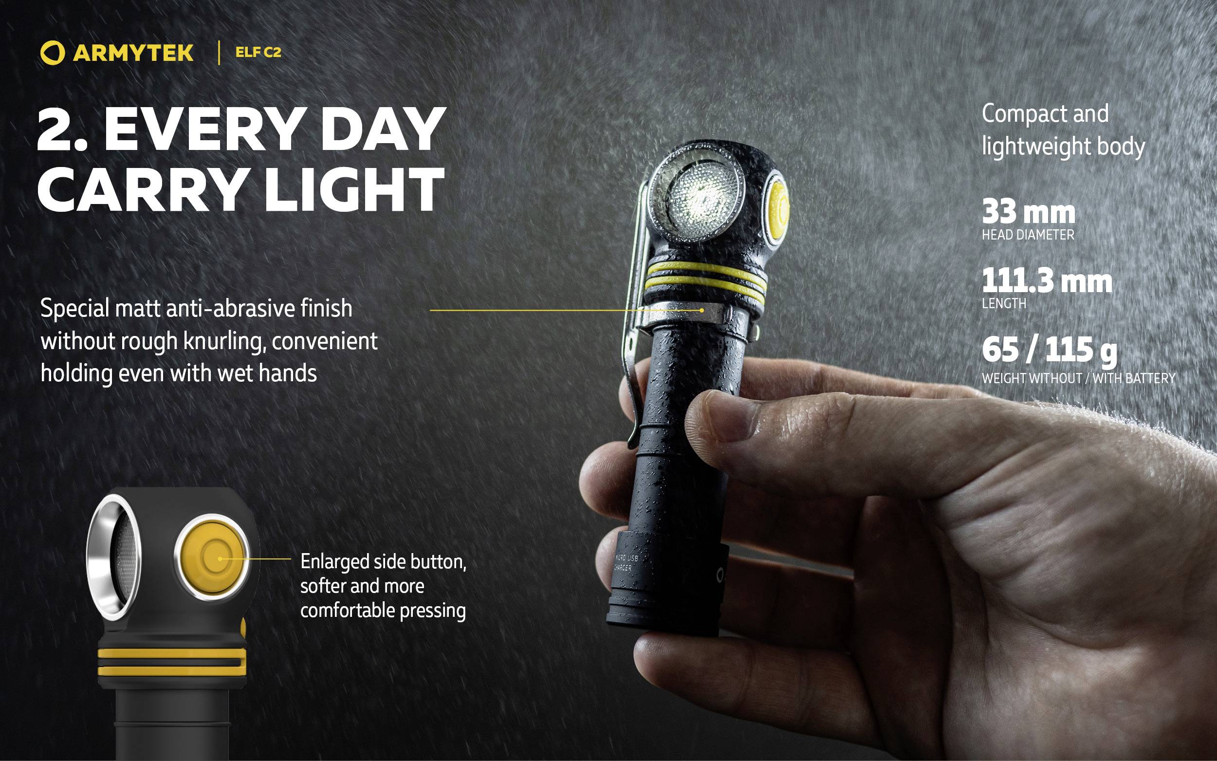 Eine kompakte Taschenlampe mit mattem, anti-abrasivem Finish. Details: Kopf 33 mm, Länge 111,3 mm, Gewicht 65/115 g.