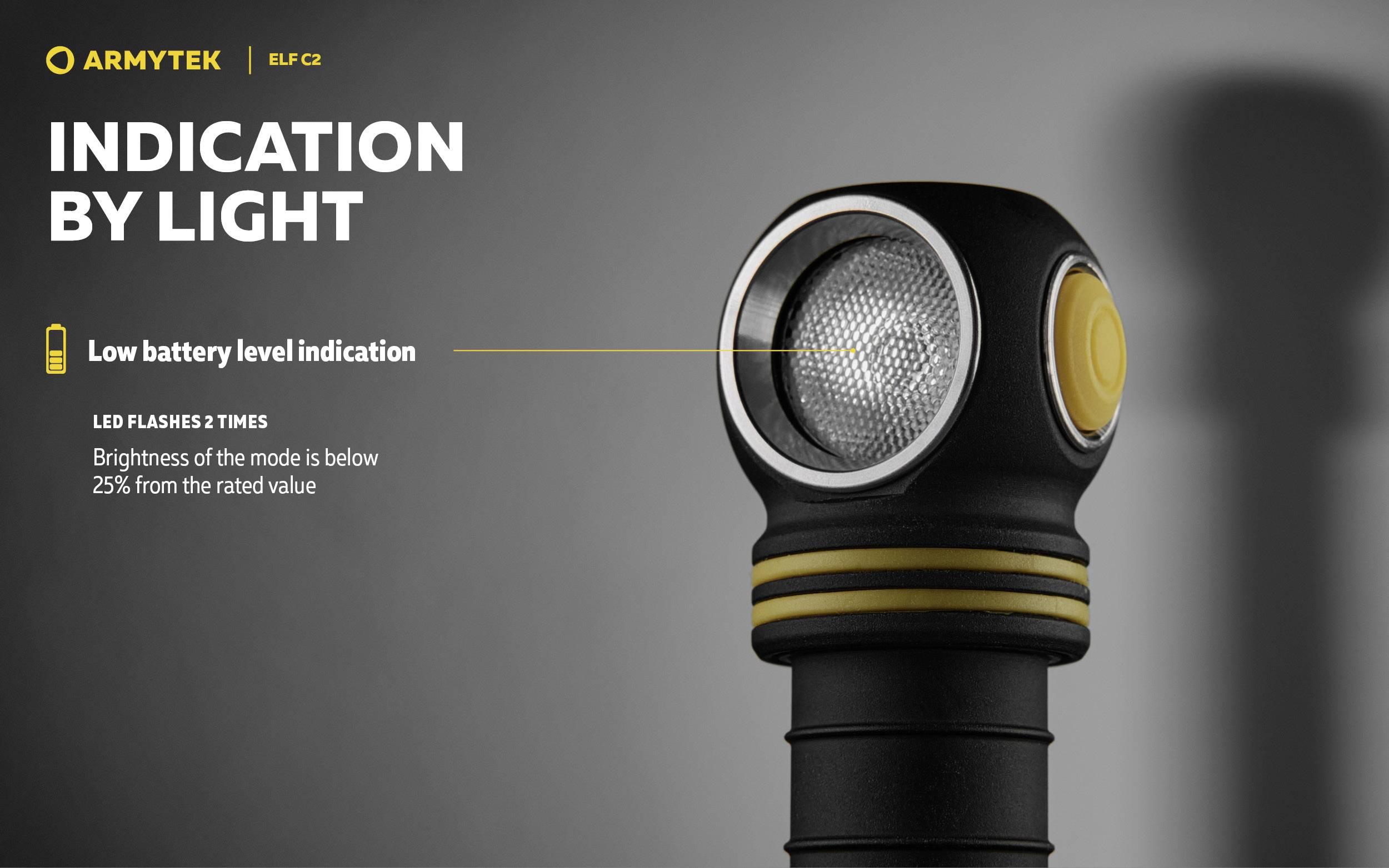 'Taschenlampe mit Hinweis: 'INDICATION BY LIGHT'. Niedriger Batteriestand, LED blinkt 2-mal bei 25% Helligkeit.'