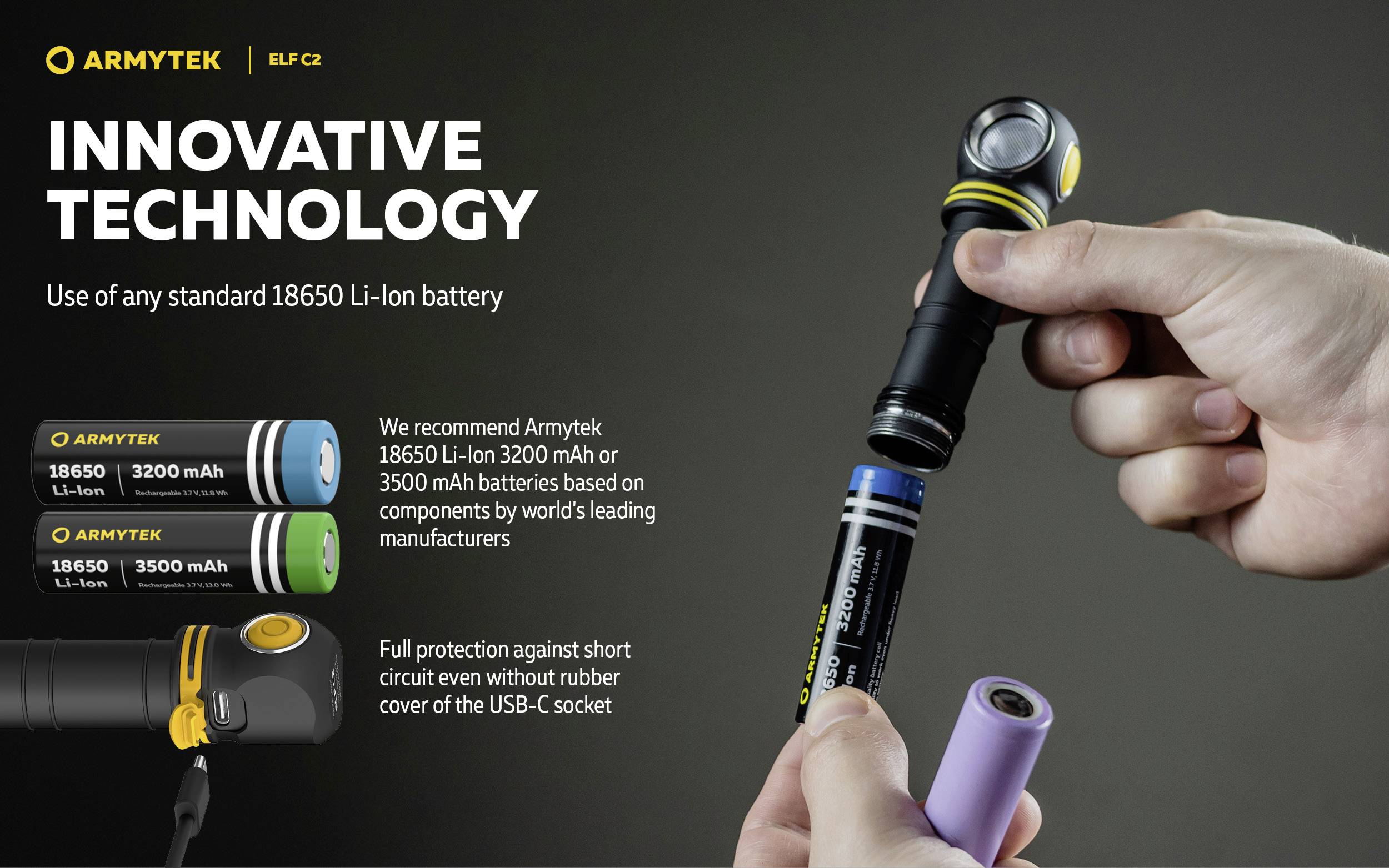 'Innovative Technology' mit Nutzung von 18650 Li-Ion-Akkus. Empfehlungen zur Akkusicherheit und Darstellung einer Taschenlampe.