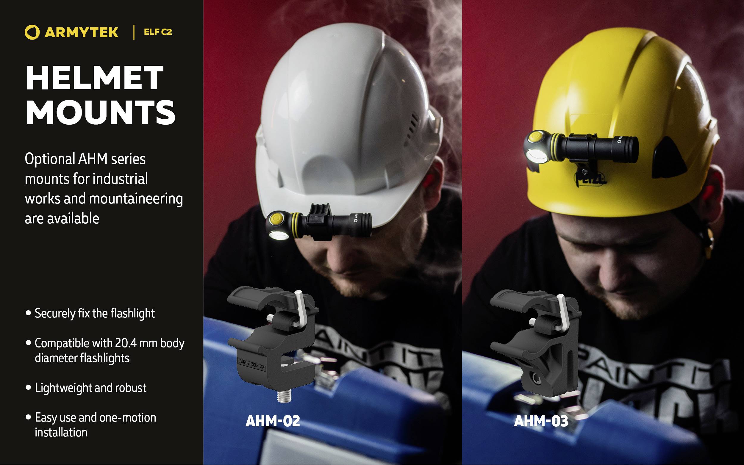 'HELMET MOUNTS' Werbung zeigt zwei Personen mit Helmen, die Taschenlampenhalterungen tragen. Modelle AHM-02 und AHM-03 für Montagearbeiten.