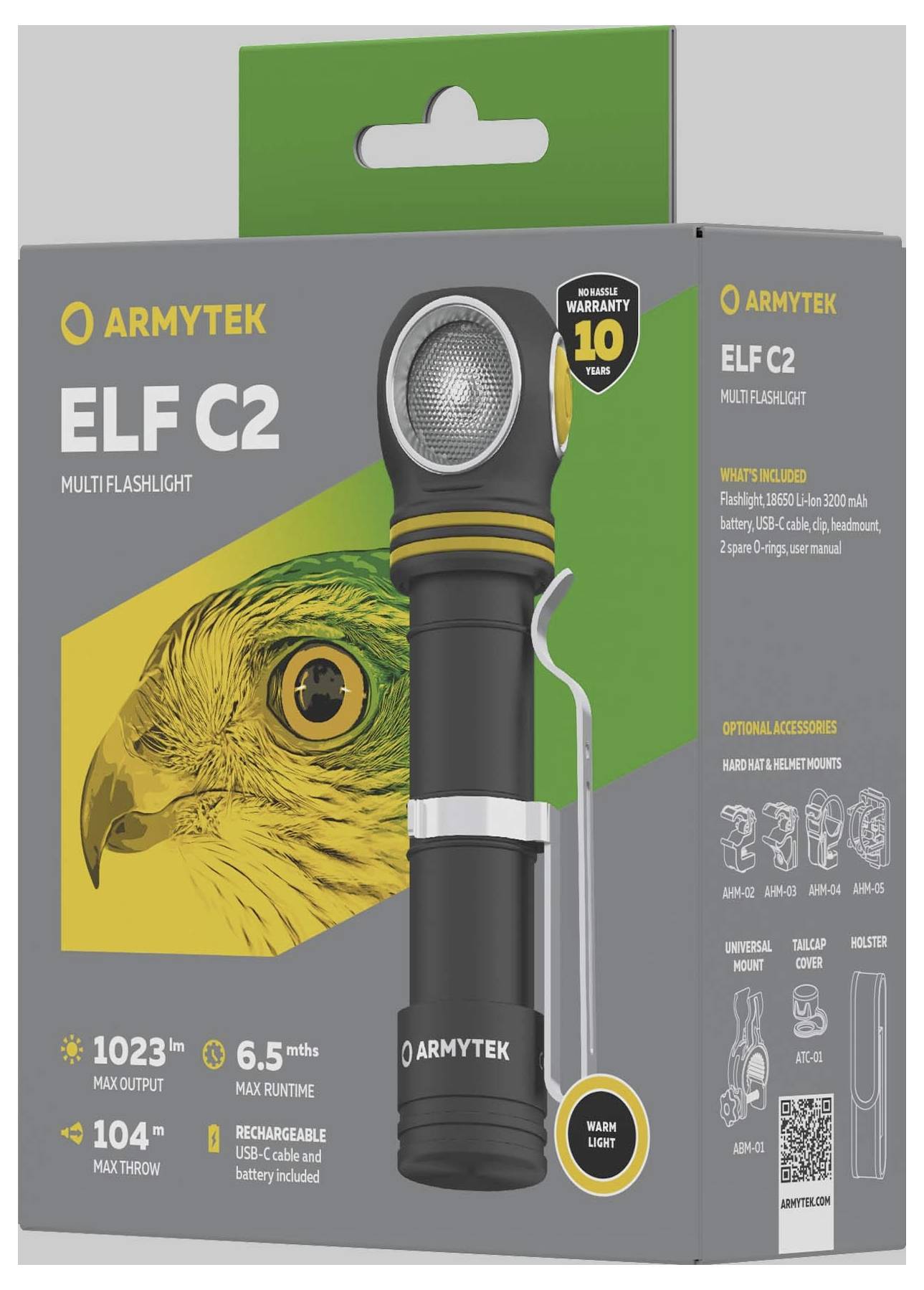 'Verpackung der Armytek ELF C2 Multitaschenlampe' zeigt eine schwarze Taschenlampe und listet Spezifikationen: 1023 Lumen, 6.5 Stunden Laufzeit.
