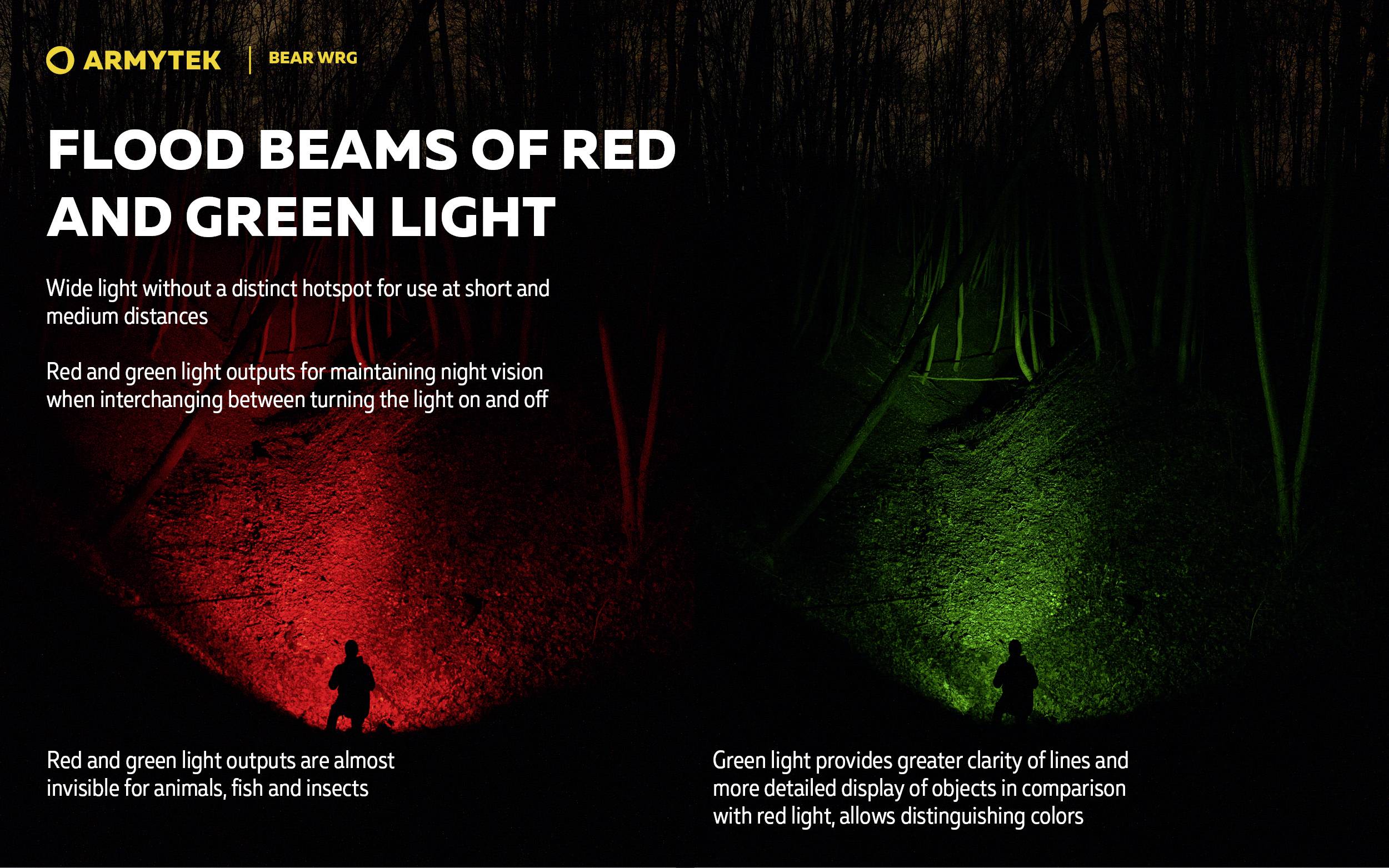 Flut von roten und grünen Lichtstrahlen im Wald. Rotes Licht für Nachtsicht, grün für Details. Hauptsächlich zur Tierbeobachtung.