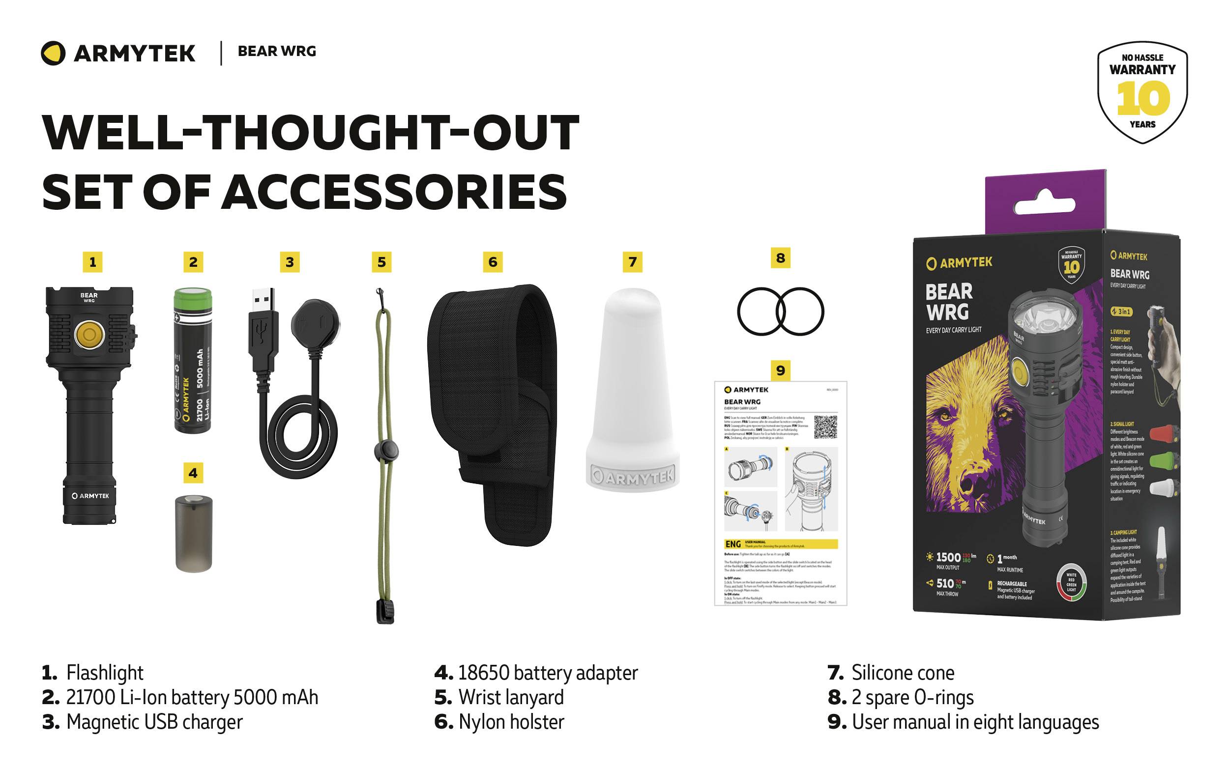 ARMYTEK BEAR WRG: Set aus Taschenlampe, Li-Ion-Akku, Magnet-Ladegerät, Akkuadapter, Halfter, Silikonkegel, O-Ringe, Anleitung.