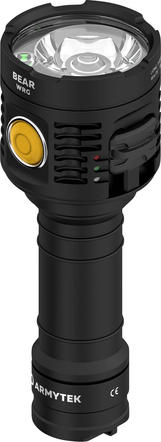 Eine schwarze Taschenlampe mit gelbem Knopf und Schriftzug 'ARMYTEK' am unteren Ende.
