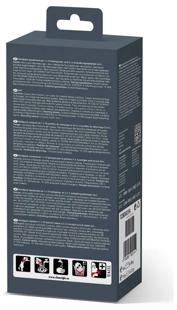 Rückseite einer Verpackung mit Anweisungen und Hinweisen zum Produkt. Enthält verschiedene Symbole und einen QR-Code.