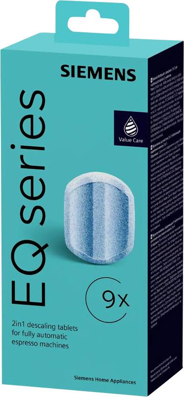 Verpackung mit Siemens Entkalkungstabletten für Kaffeemaschinen, 9 Stück, blaues Design, hervorgehobenes Tablettenbild.