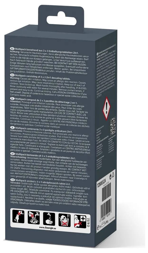 Verpackung einer Medikamentenbox mit Sicherheits- und Verwendungshinweisen. Piktogramme und Text erläutern Gefahren und Dosierung.