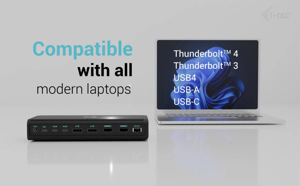 Dieses Bild zeigt einen Laptop neben einer Dockingstation. Text auf dem Laptop: 'Thunderbolt™ 3/4, USB-A, USB-C'. Text darüber: 'Compatible with all modern laptops'.