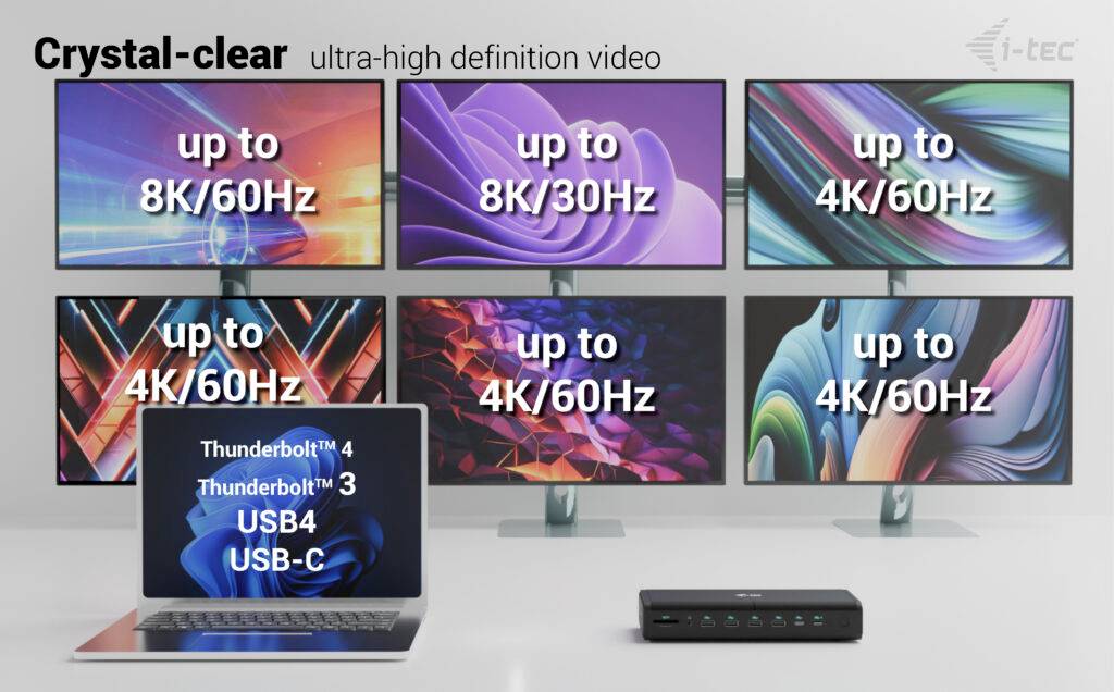Sechs Bildschirme zeigen Auflösungen mit bis zu 8K/60Hz. Laptop und Dockingstation mit Thunderbolt™ 4, USB4 und USB-C Anschlüssen.