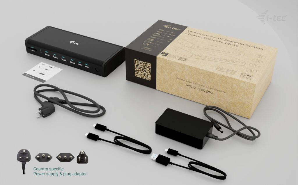 'USB-C Docking Station' mit Verpackung, Netzteil, Stromkabeln und Handbuch.