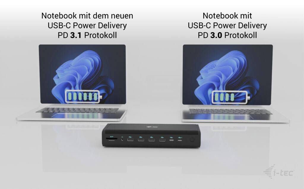 Zwei Laptops zeigen unterschiedliche USB-C Power Delivery Protokolle ('PD 3.1' und 'PD 3.0') mit einem USB-Hub in der Mitte.