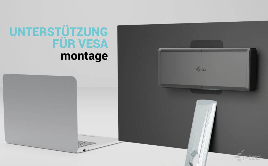 Ein Laptop steht neben einem Bildschirm, der an einer Halterung montiert ist. Der Text 'Unterstützung für VESA Montage' ist sichtbar.