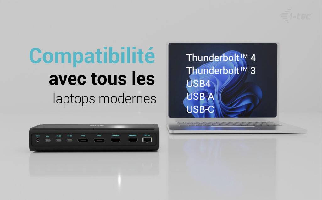 Ein Laptop und eine Dockingstation; Text auf Französisch: 'Kompatibilität mit allen modernen Laptops'; Anschlüsse: Thunderbolt™ 4, Thunderbolt™ 3, USB4, USB-A, USB-C.